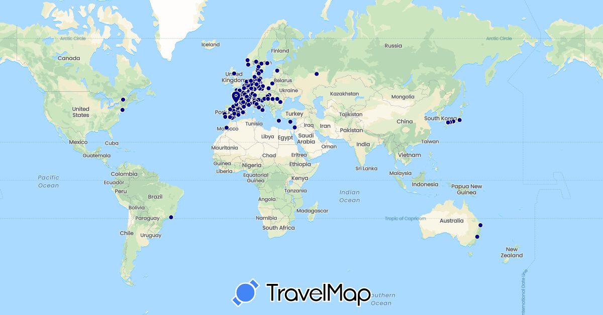 TravelMap itinerary: driving in Austria, Australia, Belgium, Brazil, Canada, Switzerland, Cyprus, Czech Republic, Germany, Denmark, Spain, France, United Kingdom, Greece, Croatia, Hungary, Israel, Italy, Japan, Luxembourg, Latvia, Morocco, Netherlands, Norway, Poland, Portugal, Romania, Russia, Sweden, United States (Africa, Asia, Europe, North America, Oceania, South America)