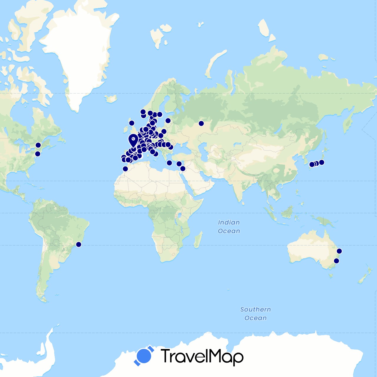TravelMap itinerary: driving in Austria, Australia, Belgium, Brazil, Canada, Switzerland, Cyprus, Czech Republic, Germany, Denmark, Spain, France, United Kingdom, Greece, Croatia, Hungary, Israel, Italy, Japan, Luxembourg, Latvia, Morocco, Netherlands, Norway, Poland, Portugal, Romania, Russia, Sweden, United States (Africa, Asia, Europe, North America, Oceania, South America)